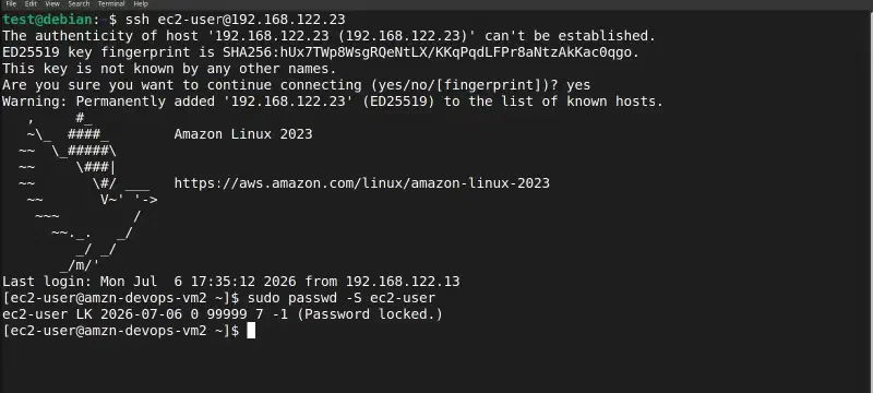 Test 3: SSH still works after seed.iso removal — but passwd -S confirms LK (Password locked).