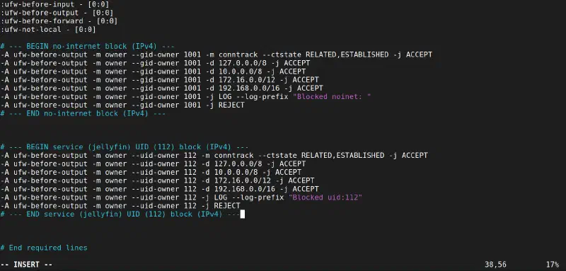 The final UFW before.rules file with both GID and UID blocks implemented