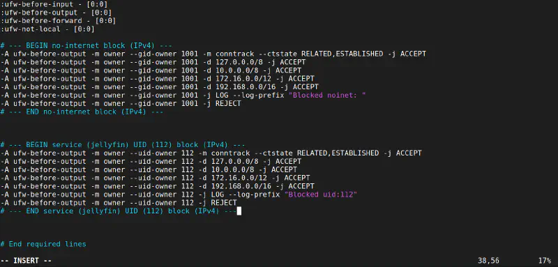 The final UFW before.rules file with both GID and UID blocks implemented