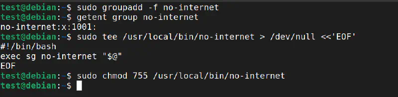 Creating the &rsquo;no-internet&rsquo; group and verifying its GID