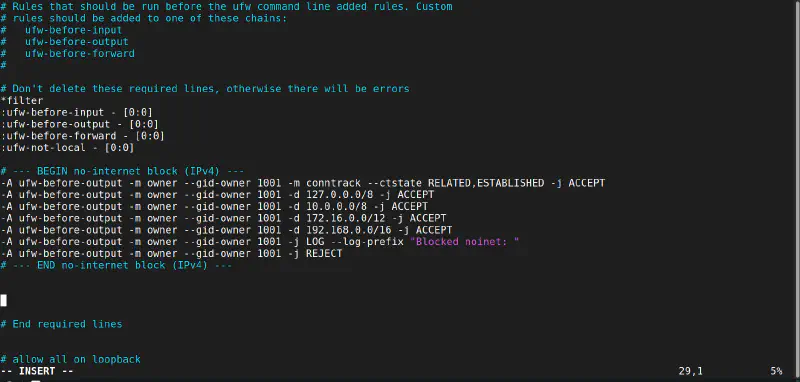 Inserting the no-internet GID block into the UFW config