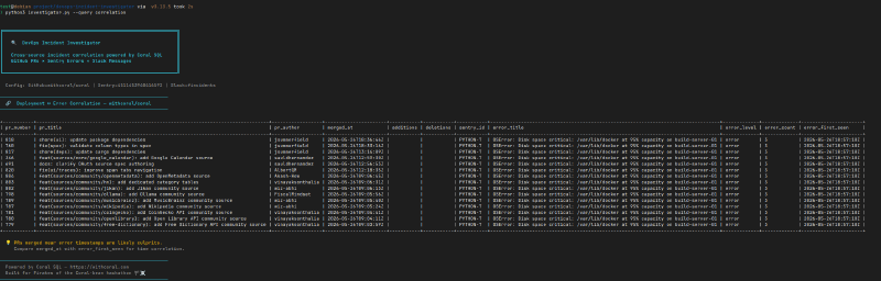 Cross-source correlation — GitHub PRs joined with Sentry errors