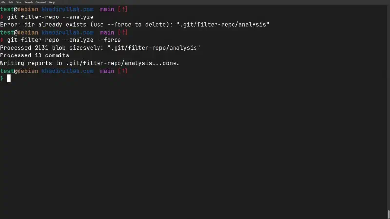Running &ndash;analyze again shows the error, then &ndash;force overwrites it, now showing 18 commits