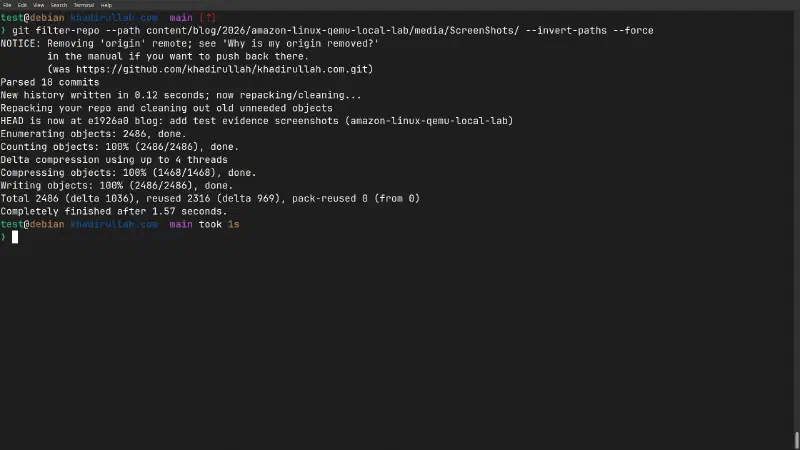 filter-repo rewrites history: parsed 18 commits, removed the origin remote, repacked objects in 1.57 seconds