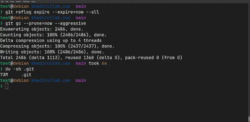 reflog expire + gc &ndash;prune=now &ndash;aggressive took 6 seconds, final repo size: 73MB
