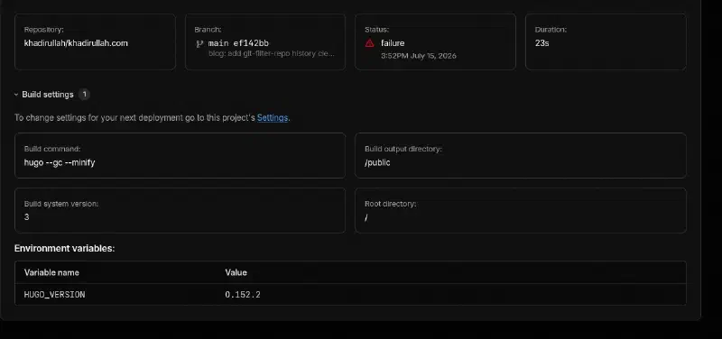 Cloudflare Pages build settings showing the failed deployment with HUGO_VERSION set to 0.152.2 in the environment variables