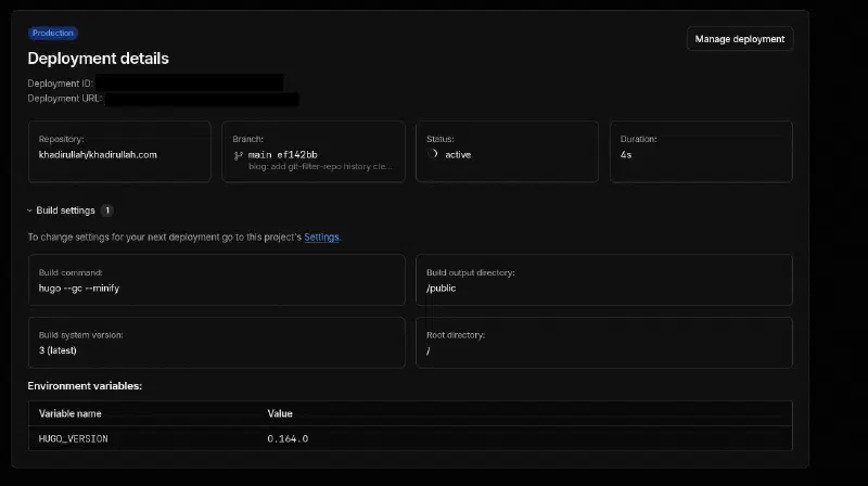 The retried deployment showing status &ldquo;active&rdquo; with HUGO_VERSION now correctly set to 0.164.0 in the build settings
