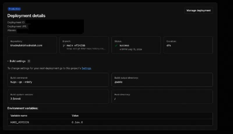 Deployment details showing status &ldquo;success&rdquo; after building in 49 seconds with HUGO_VERSION 0.164.0