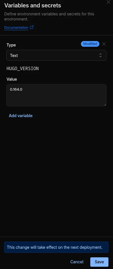 Editing the HUGO_VERSION variable, changing the value from 0.152.2 to 0.164.0 and saving