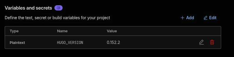 The Variables and Secrets panel showing HUGO_VERSION still set to 0.152.2