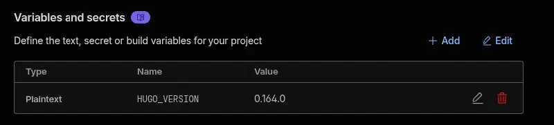 Variables and Secrets panel now showing HUGO_VERSION updated to 0.164.0