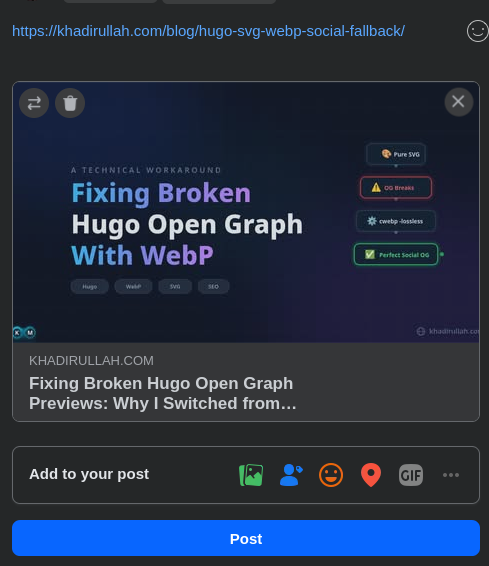 Facebook post composer showing the blog preview card with WebP fallback