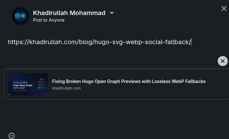 LinkedIn post composer showing the blog preview card with WebP fallback