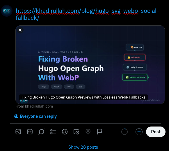 Twitter/X showing the blog preview card with WebP fallback rendering correctly