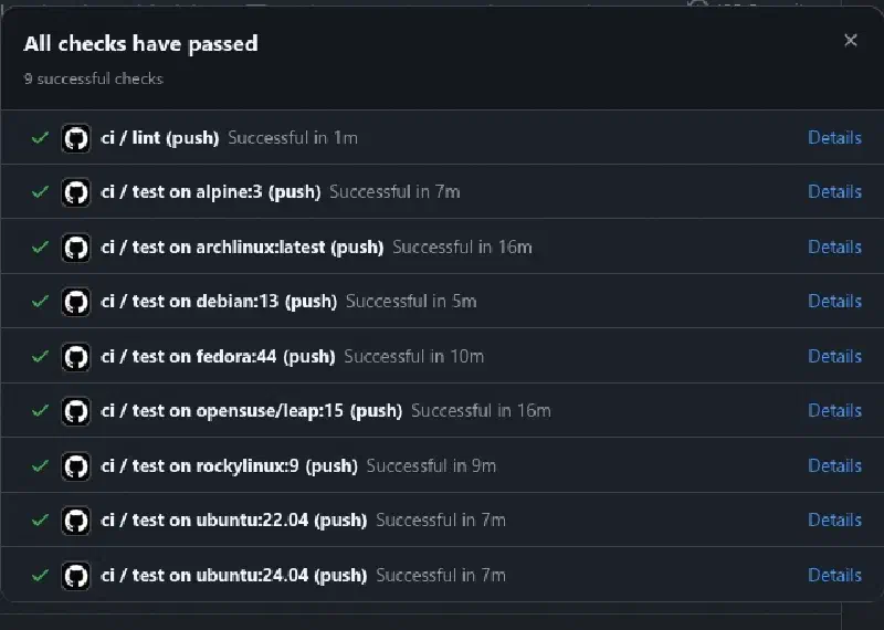 GitHub checks list: all nine checks passed, lint and eight distros
