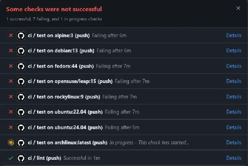 GitHub checks list: lint passed, seven distro test jobs failing, Arch still in progress