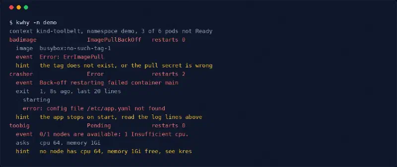kwhy explaining three broken pods: badimage with an image pull error, crasher with its last log lines, toobig pending for lack of CPU